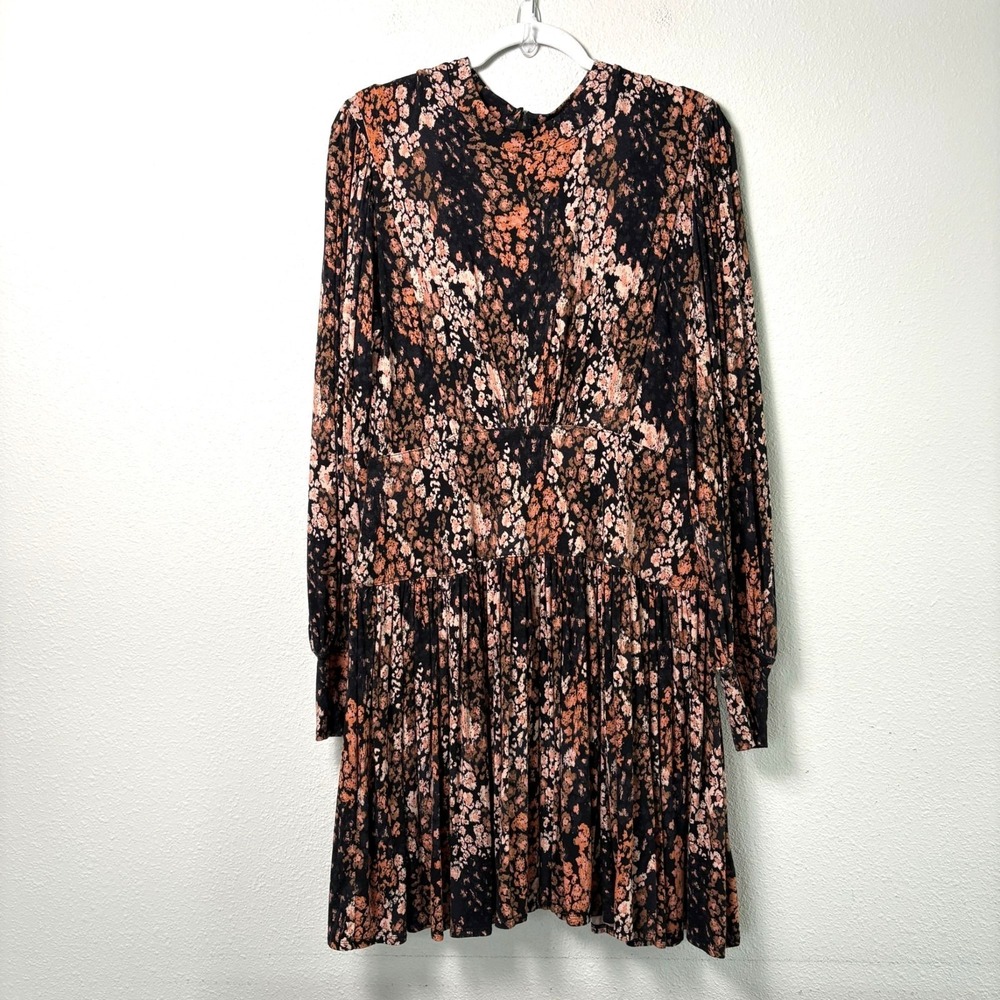 Free People Heartbeats Mini Dress Size L Black Brown Floral Jersey Retro‎ Boho